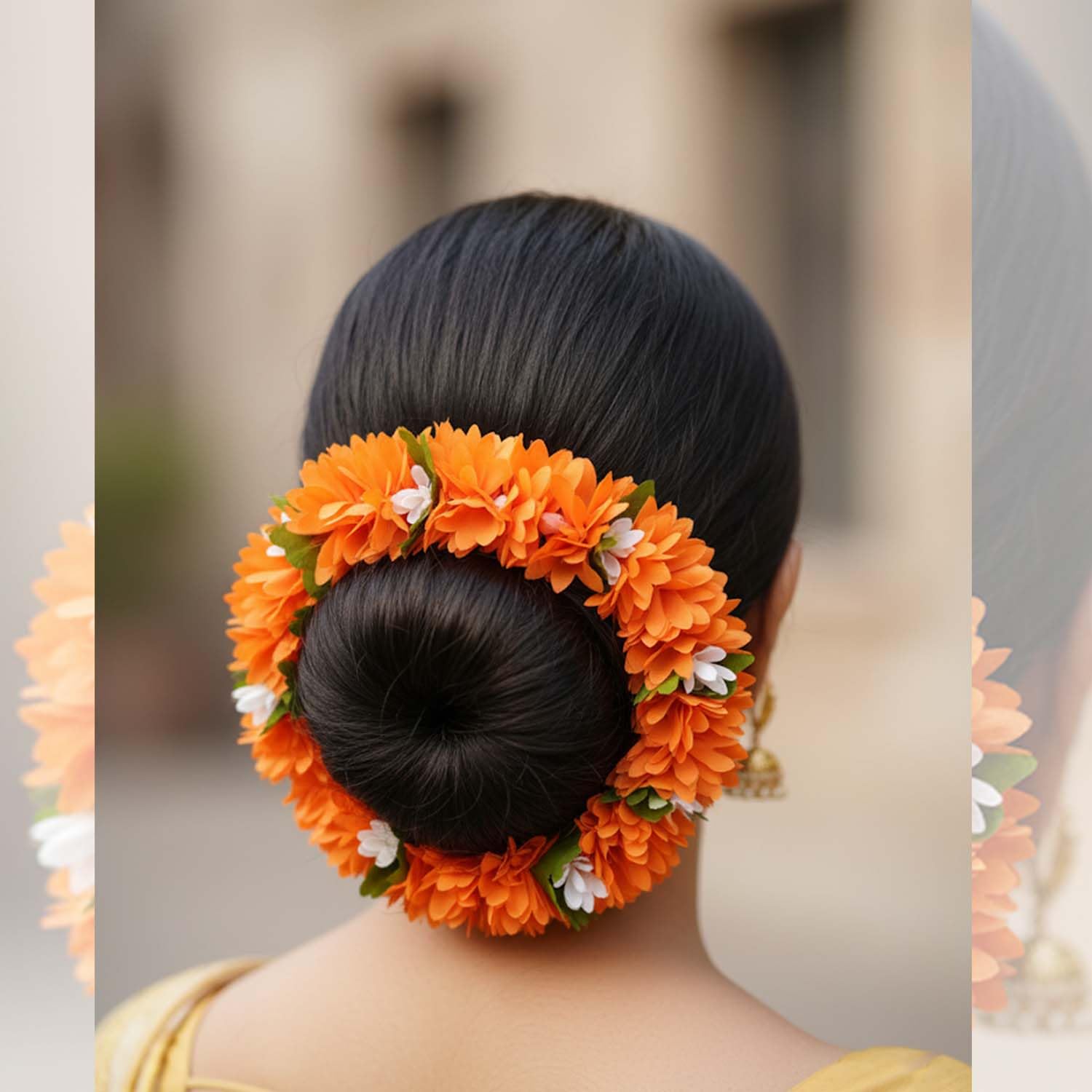 Gozby WellPoint Artificial Jasmine Gajra Hair Bun Accessories for Women | White & Orange Floral Garland | Pack of 2 Bridal Wedding Hair Jewelry