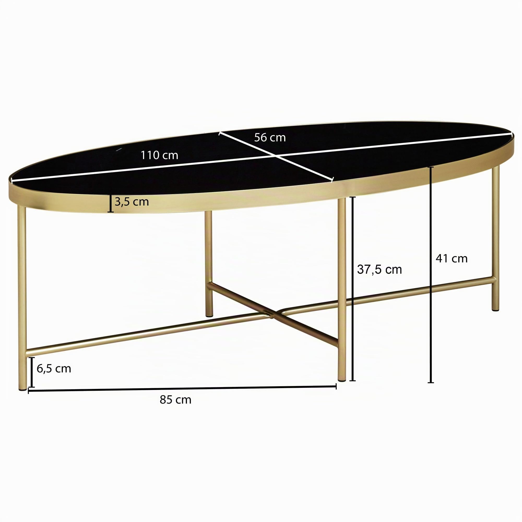 FineBuy Couchtisch Oval 110x56x40 cm Glas Schwarz mit Goldgestell