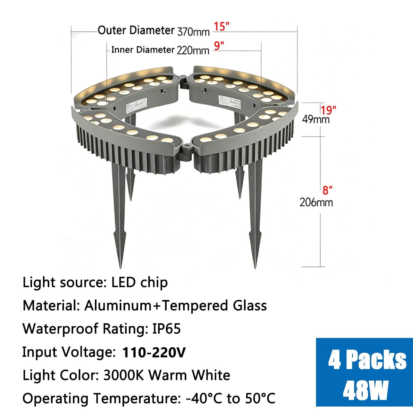 Zewnętrzne pierścieniowe lampki choinkowe LED, wodoodporne oświetlenie IP65 dla drzew, ciepłe białe reflektory krajobrazowe LED z palikiem do patio ogrodowego(4 Packs)