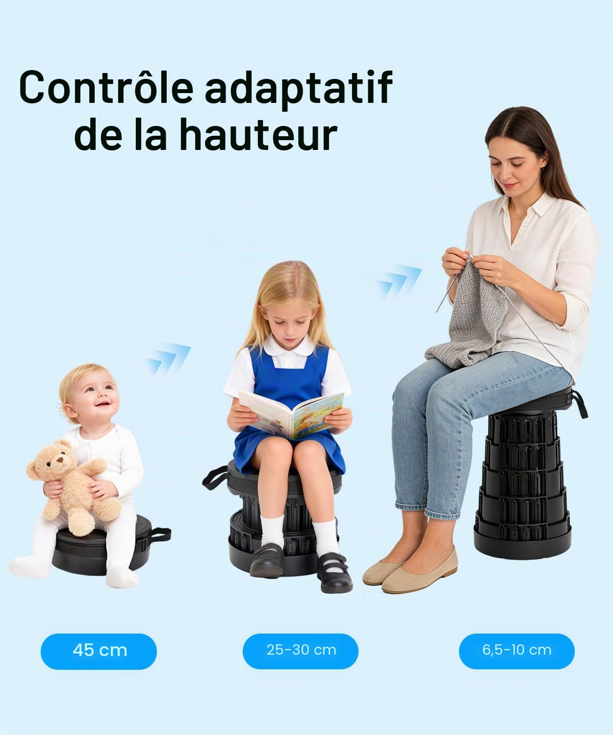 Tabouret Télescopique Pliant & Portable, Tabouret Pliable à Hauteur Réglable, Stable et Compact pour Camping, Pêche et Randonnée
