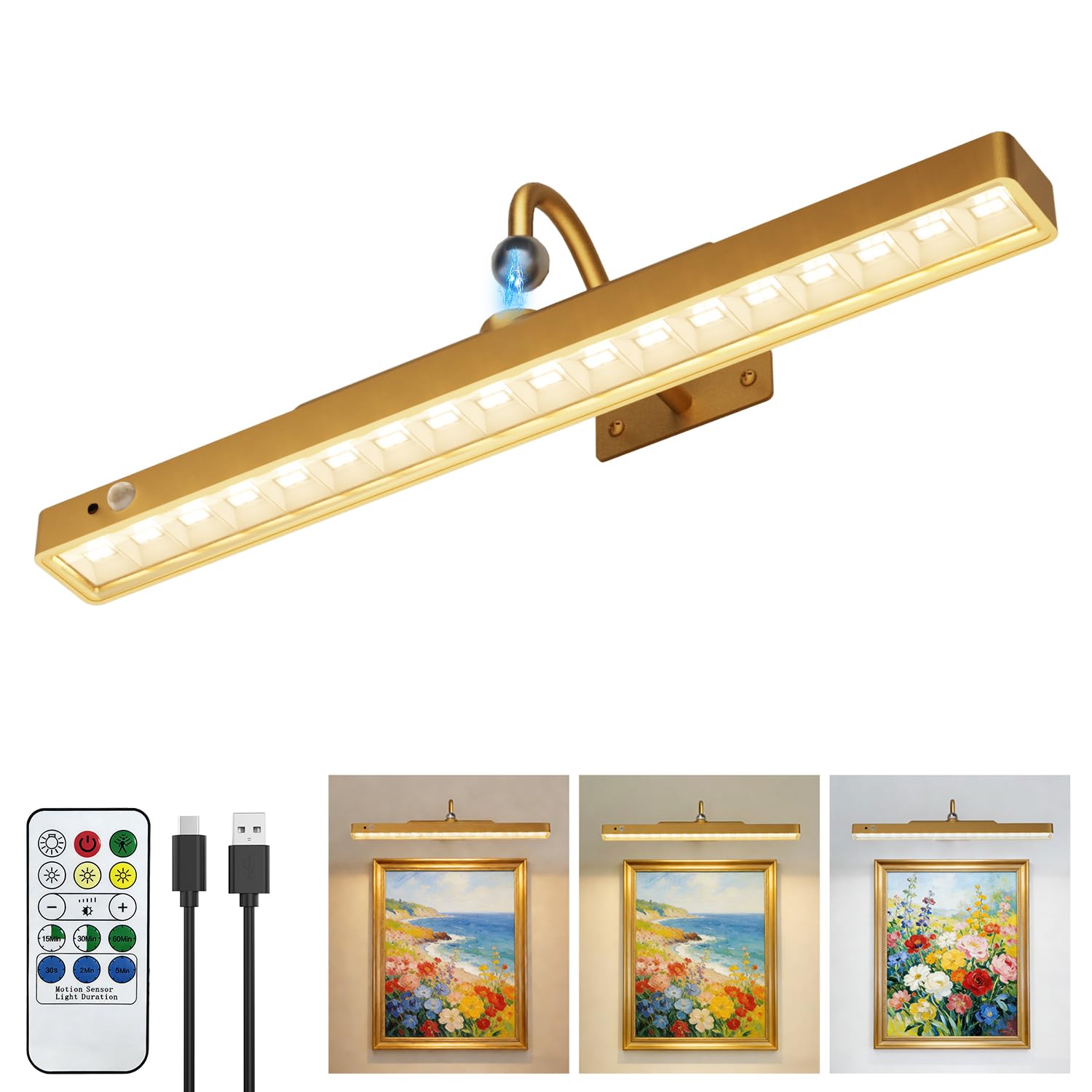 Lampada da Parete Ricaricabile Senza Fili per Quadri,Batteria da 6000mAh con Sensore di Movimento,Luce Dimmerabile a 3 Temperature di Colore,Timer,Luce Magnetica con Telecomando per Gallerie,Soggiorno