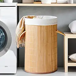 Cesto de Bambu Claro com Tampa para Roupas Sujas. Ideal para Lavanderia, Área de Serviço, Banheiro e Quarto. Forro Removível com Aro de Aço para Fixação, Dobrável, Alça de Corda Macia