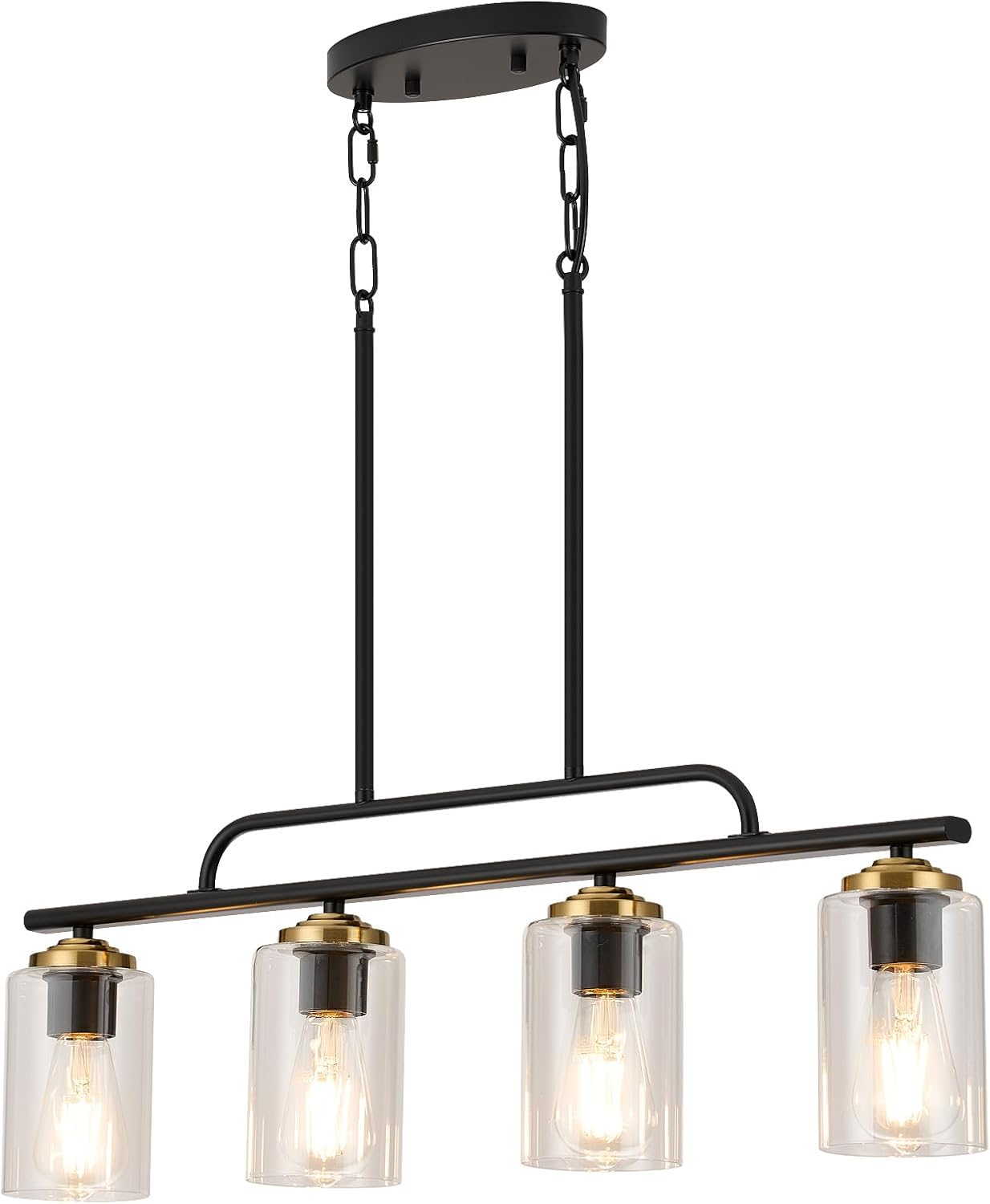 Black and Gold Kitchen Island Lighting,4-Light Rectangle Dining Room Table Chandelier Light Fixture Ceiling Hanging with Glass Shade,Rectangular Farmhouse Modern Rustic Pendant Linear Chandelier 4-Light Black/Gold