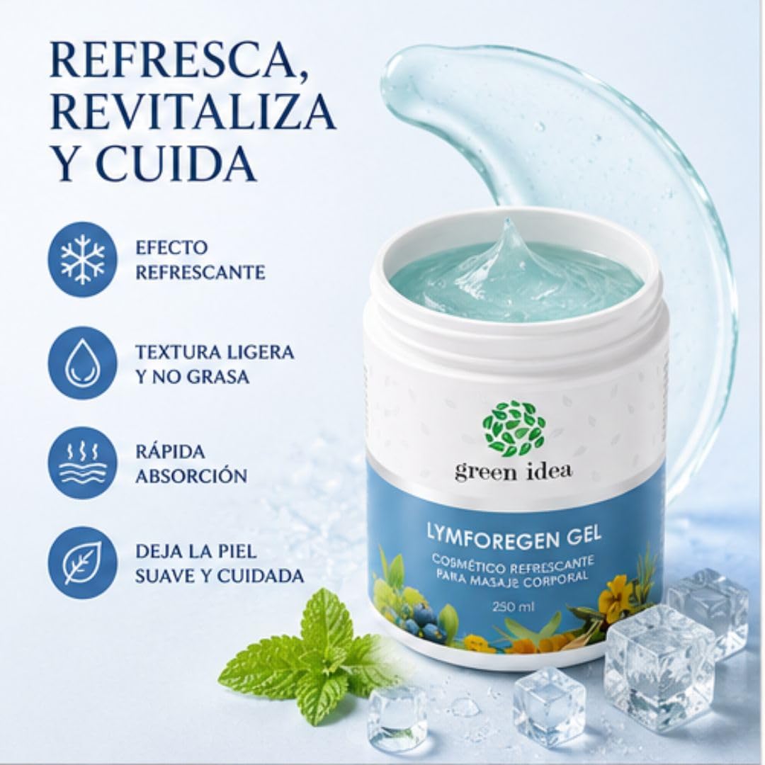 Green idea Lymforegen Gel para Piernas Cansadas y Pesadas – Gel Refrescante para Masaje Corporal con 15 Extractos Vegetales, Aceites Esenciales, Mentol y Rutina – 250 ml