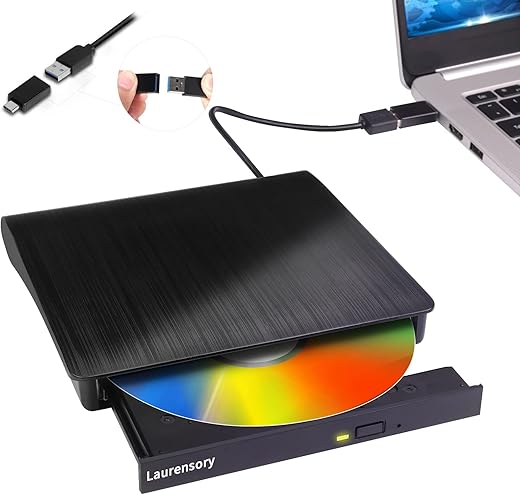 Laurensory External DVD Drive USB 3.0 Type-C Portable Player for Laptop CD/DVD +/-RW Disk Drive ROM Burner Writer Reader Compatible With Desktop...