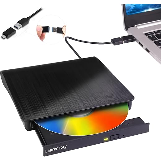Laurensory External DVD Drive USB 3.0 Type-C Portable Player for Laptop CD/DVD +/-RW Disk Drive ROM Burner Writer Reader Compatible with Desktop Windows Linux OS Apple MacBook
