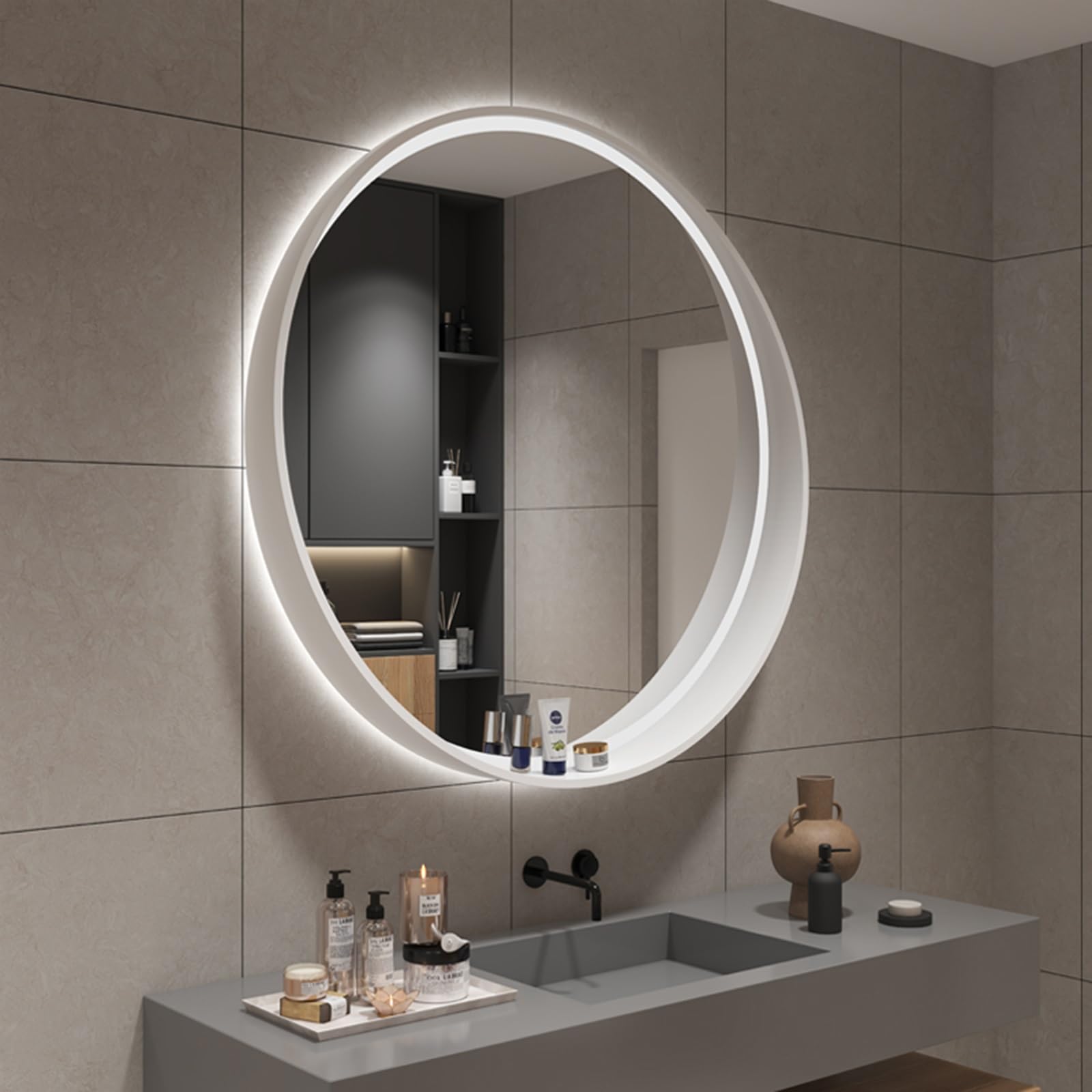 Specchio Espejo de baño LED con Marco de Madera, Espejo de maquillaje Redondo con Sensor táctil, Espejo iluminado de pared, Luz LED regulable de 3 Colores, Resistente al Agua IP44.