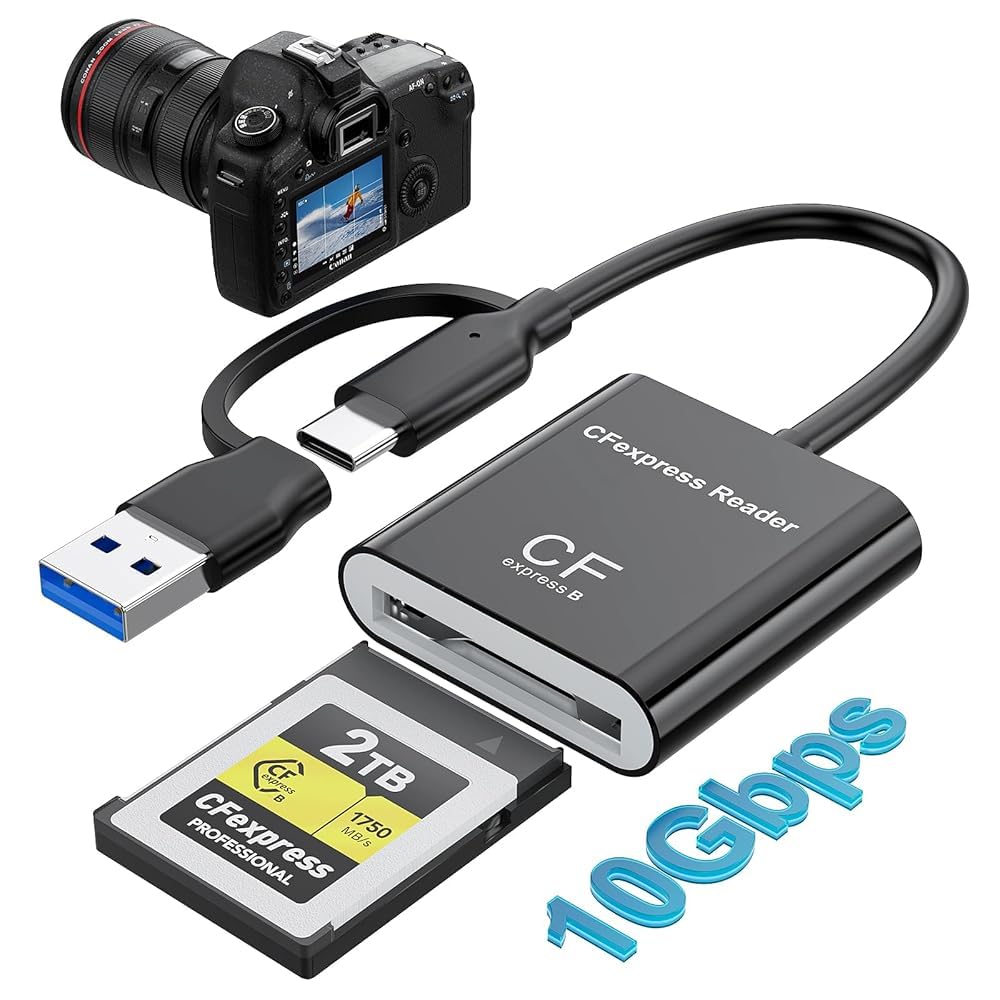 CFexpress - Lector de tarjetas tipo B, USB 3.2 Gen 2 de 10 Gbps, adaptador USB-C y USB-A CFexpress 2 en 1 para iPhone 17/16/15, MacBook, Android, Windows, Linux, tabletas, cámaras (no para tarjetas