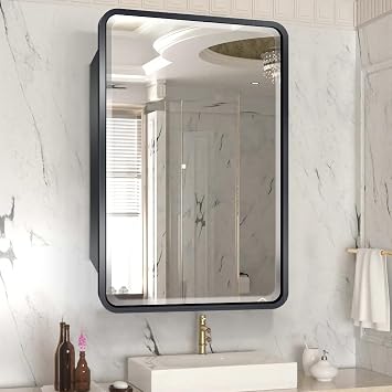 16 26inch Medicine Cabinet,Mirror Cabinet with Beveled Mirror,Solf Close Hinge,Brushed Metal Framed,Detachable Side Plate for Recess Mount or Surface Mount,Black