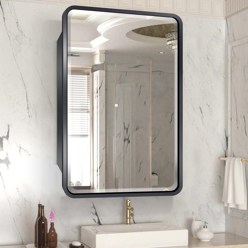 Janboe 16×26inch Medicine Cabinet,Mirror Cabinet with Beveled Mirror,Solf Close Hinge,Brushed Metal Framed,Detachable Side Plate for Recess Mount or