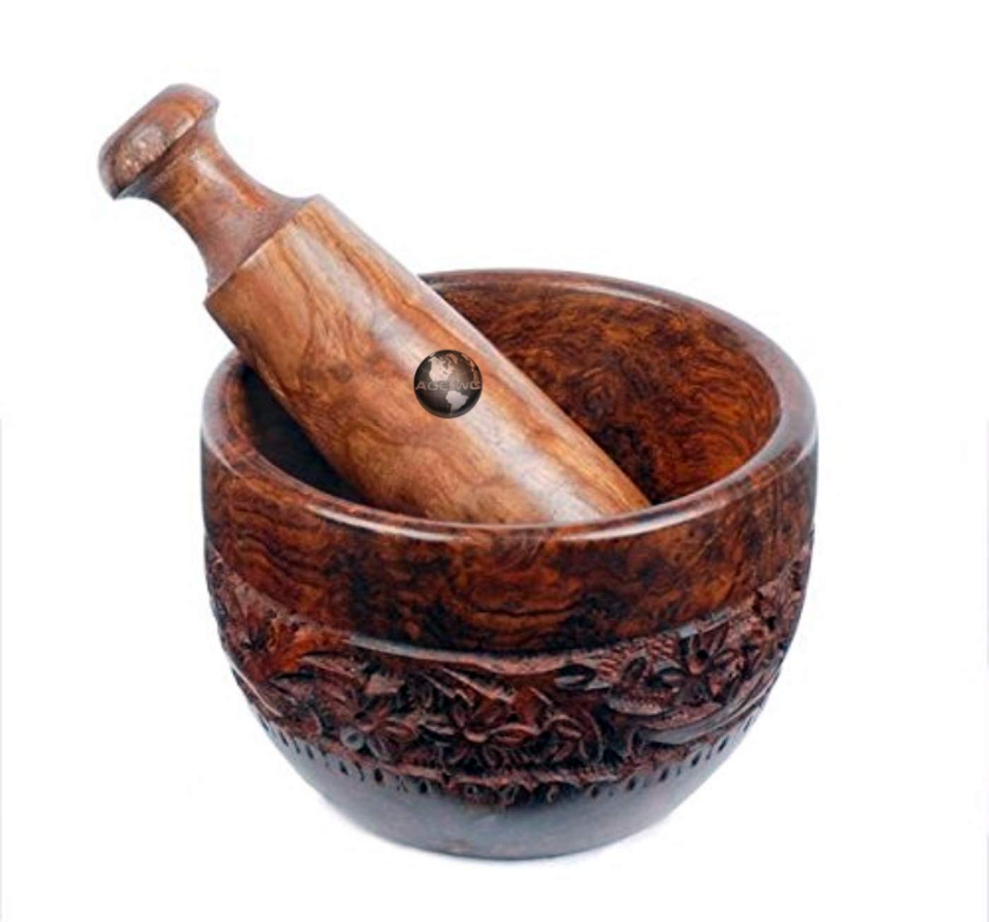AWC Handmade Wooden Okhli Masher Mortar Pestle For Kitchen (Brown)