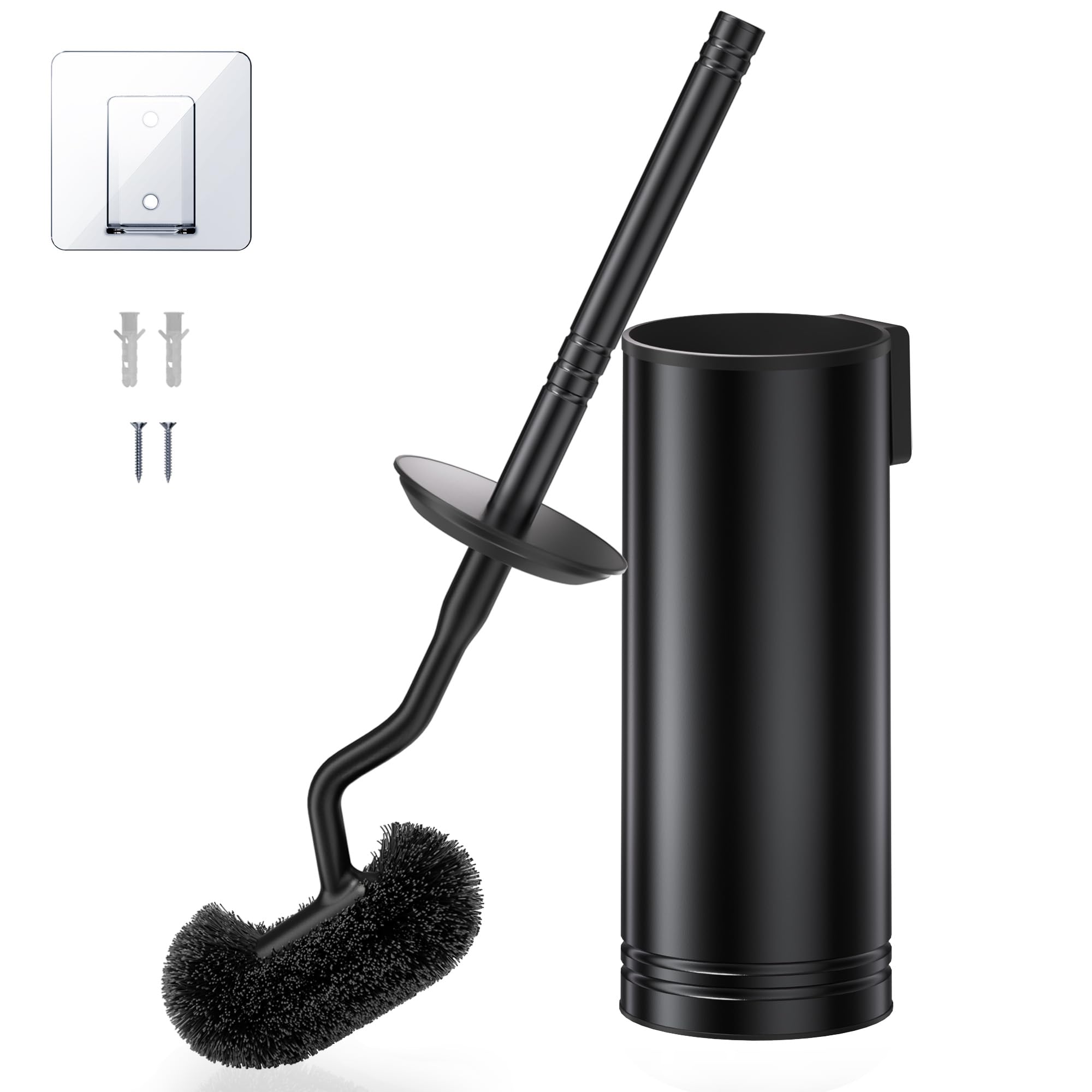 HAMITOR Edelstahl Klobürste Set: Toilettenbürste mit Wandmontage Ohne Bohren, WC Bürste für Tiefenreinigung unter dem Rand mit Schnell trocknendem & Abtropf-Halter, Langer Griff im Badezimmer-Schwarz