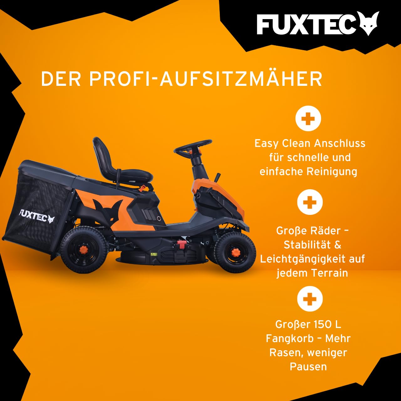 FUXTEC Aufsitzmäher FX-RMR66, Rasentraktor mit eStart, Schnittbreite 66 cm, 6PS, 150 L Fangkorb, Schnitthöhe verstellbar, für große Flächen, inkl. Trichter für Seitenauswurf