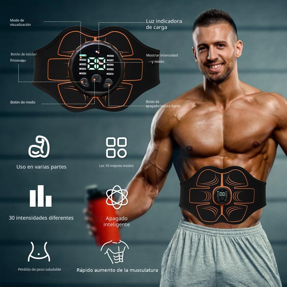 EMS - Aparato de entrenamiento eléctrico para abdominales, para estimulación muscular, 10 modos y 30 intensidades, recargable por USB, cinturón abdominal para hombres y mujeres