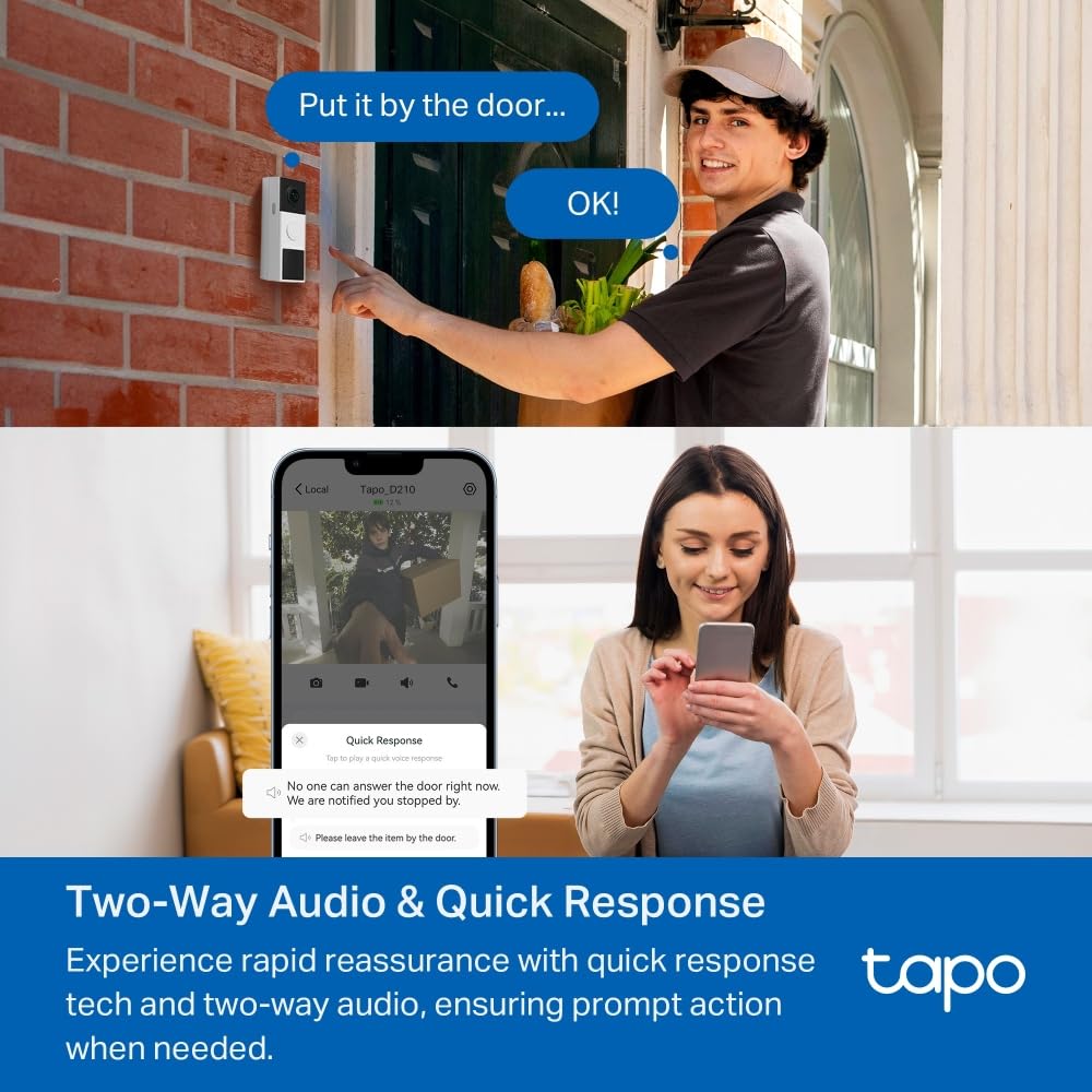 Tapo TP-Link D210 Video-Türklingel Akku (Video Doorbell) | Türklingel mit Kamera, 2K 3MP, Farbe Nachtsicht, Zwei-Wege-Audio, 6400mAh Nicht entfernbarer Akku, KI-Erkennung, Mit Chime