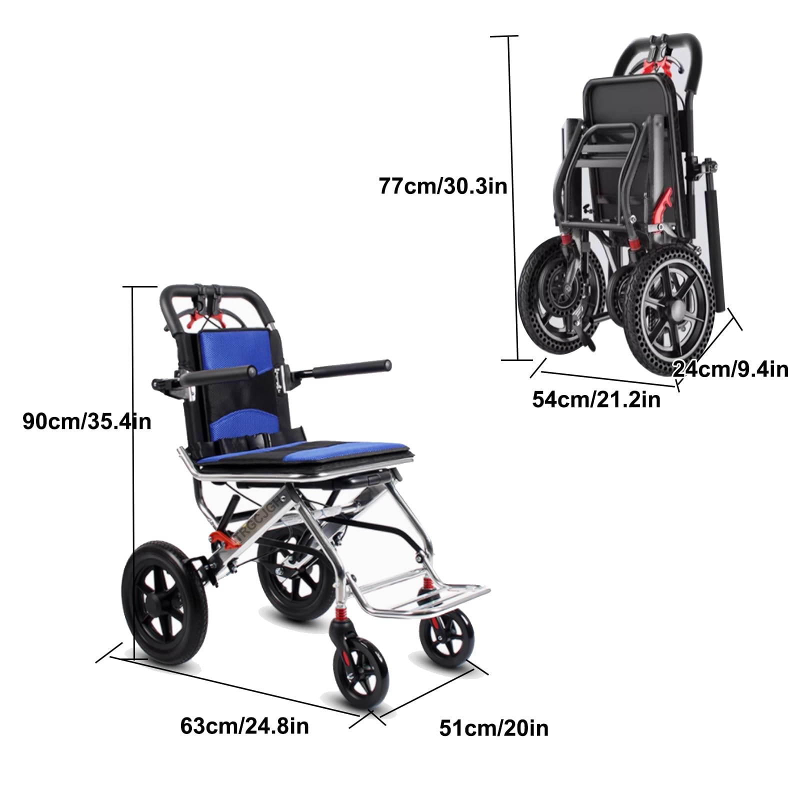 Silla de ruedas de aluminio para viajes, Silla de viaje plegable portátil, Asiento 45 cm, para transporte, traslado, Ligera(12“ wheels,Orange)