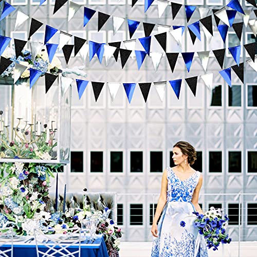 Image of 30Ft Navy Blue Black and Silver Party Decorations Royal Blue Triangle Flag Pennant Banner Bunting for Graduation Birthday Wedding Bridal Shower Nautical Ahoy Achor Themed Party Decorations Supplies