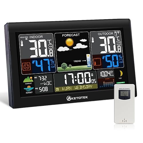 KETOTEK Estación meteorológica inalámbrica con sensor WWVB Radio Reloj despertador para interiores y exteriores, termómetro digital para habitación,
