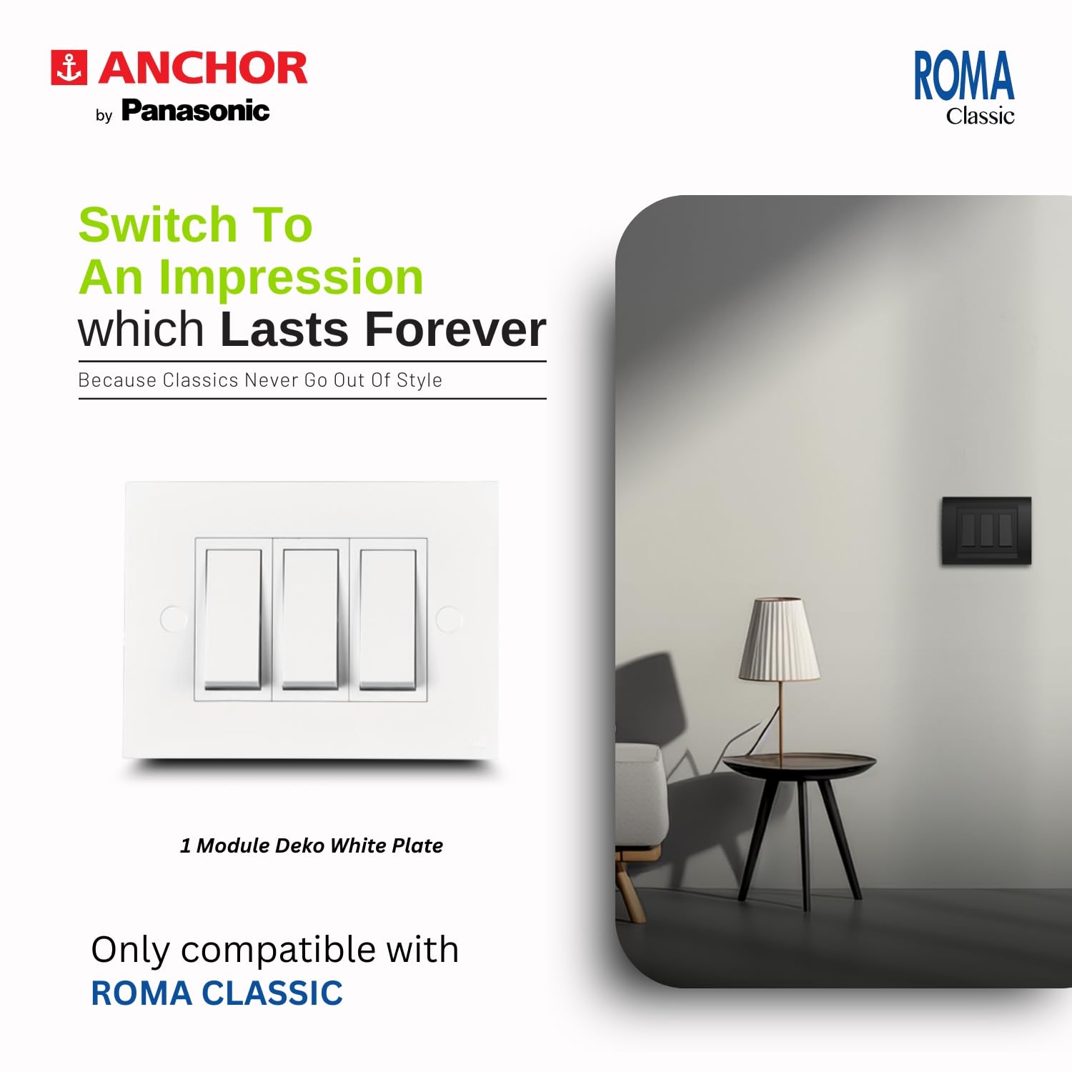 Anchor by Panasonic Roma Classic 1 Module Deko White Single Mounting Plate for Switch Board (White, 21317WH-20) 1
