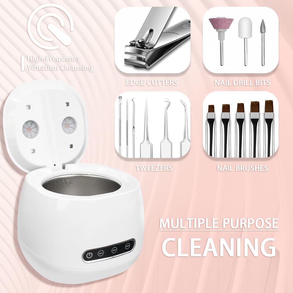 Pinkiou Nail Tools Sterilisator, Ultraschall-Tiefenreinigung für Maniküre Fräser & Bits, Schminkpinsel, 3 Zeitstufen 304 Edelstahl Reinigungsbox für Nagelstudio zu Hause, Kompakt und stilvoll, Weiß