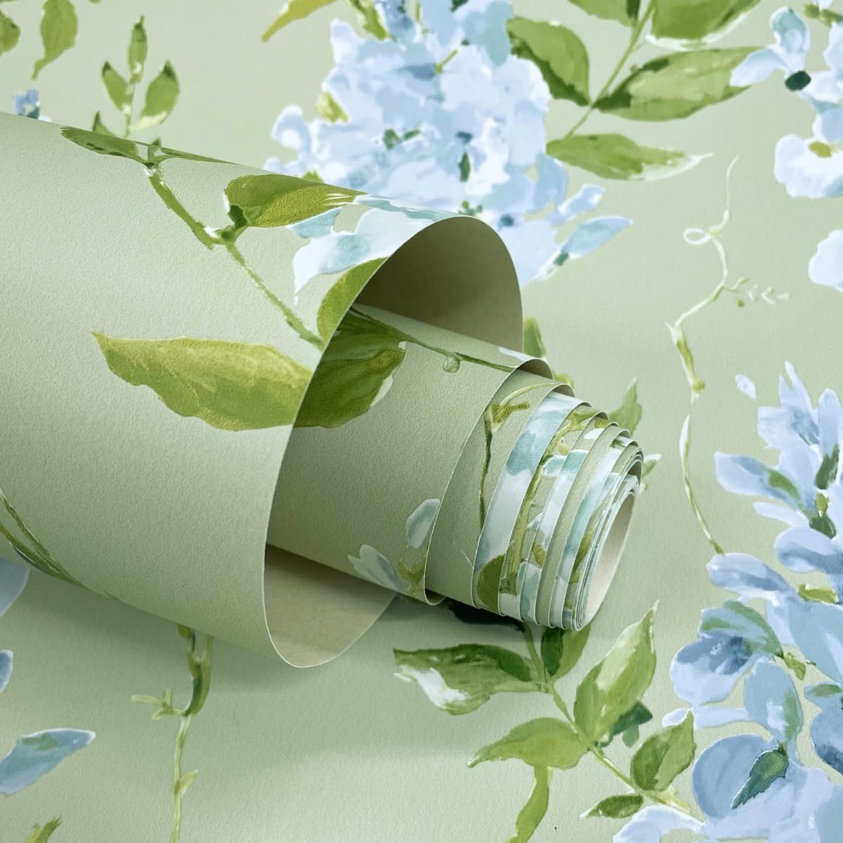 World of Wallpaper Wisteria Tree and Flowers Hand Painted Smooth Wallpaper for Living Room, Bedroom, Hallways, Feature Walls - Sage Green and Blue (203602)