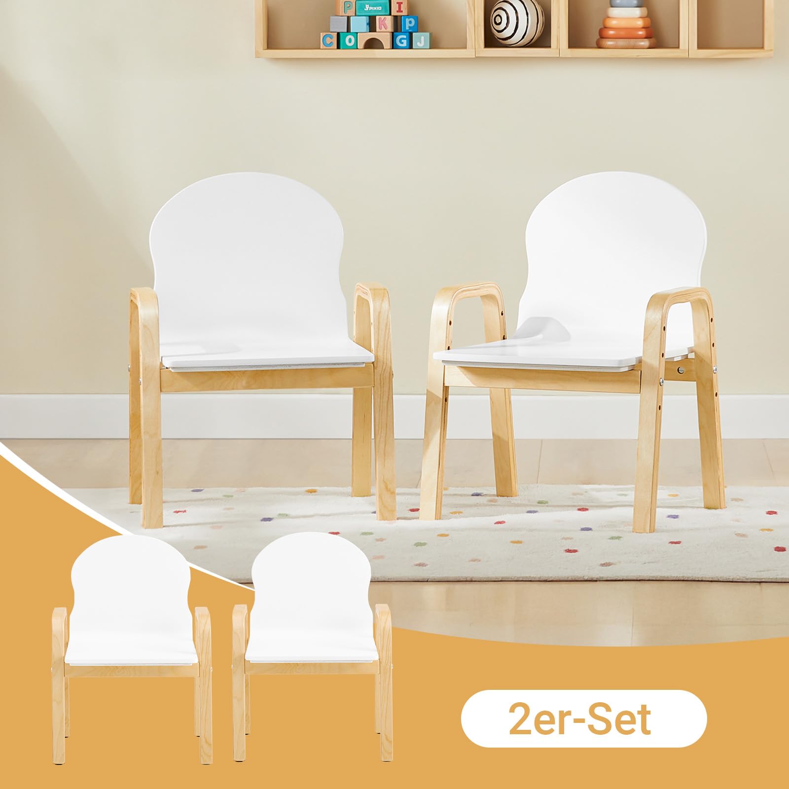 SoBuy KMB24-Wx2 2er Set Stuhl höhenverstellbar Stühlchen mit Armlehnen und Rückenlehne weiß Sitzhöhe 23-35cm