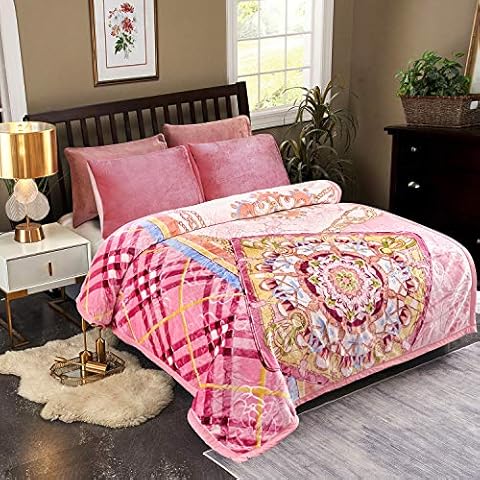 JML Plush Raschel Blanket, Korean Style Mink Blankets - Silky Soft, 2 Ply Printed Fleece Bed Blanket for Autumn Winter (Pink, King) Cover