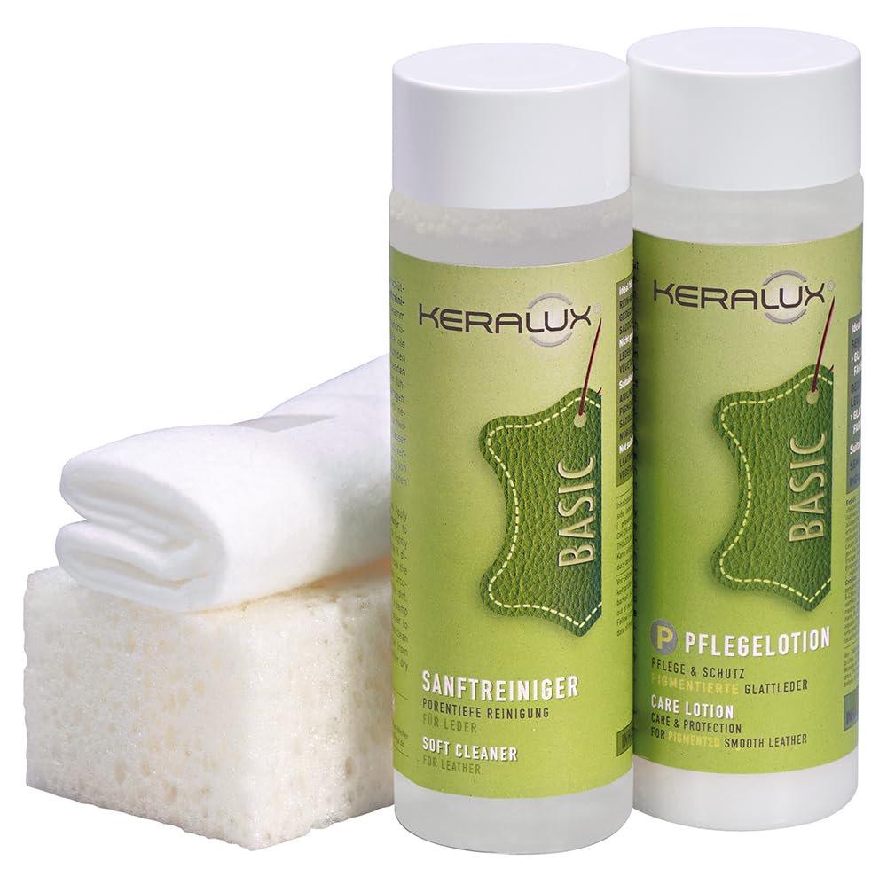 KERALUX 4-teiliges Pflegeset P für pigmentierte Glattleder, 200 ml Reiniger, 200 ml Pflege, Schwamm, Tuch. Mit Imprägnierung und Lichtschutz