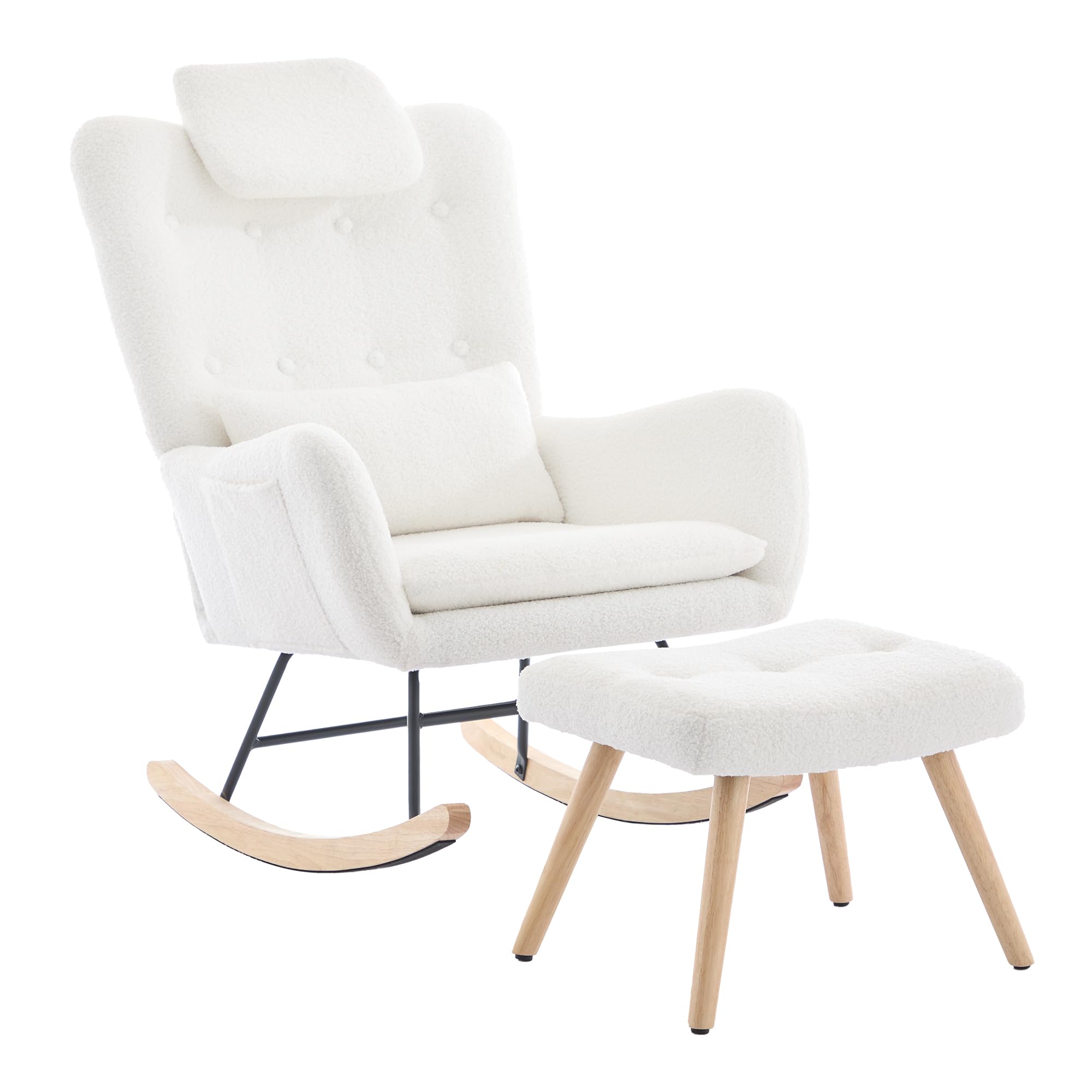 Merax Fauteuil à bascule avec tabouret - Chaise relax ergonomique en velours Teddy avec accoudoirs, coussins de nuque et lombaires - Pieds en bois - Charge maximale : 100 kg - Pour chambre à coucher