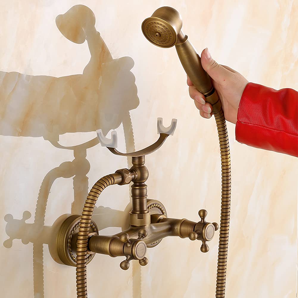Gx Grifo Bañera con Alcachofa De Mano Dos Asas Latón Mezclador De Bañera Montaje En Pared, Incluye Soporte Y Manguera De 150 Cm, Grifo De Ducha, Antiguo