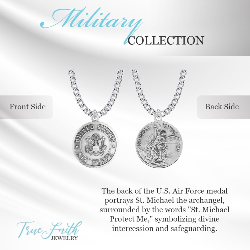 True Faith Jewelry Nickel Silver Round United States Air Force Medal with St. Michael Patron Saint Archangel Back Pendant Necklace, 7/8 Inch