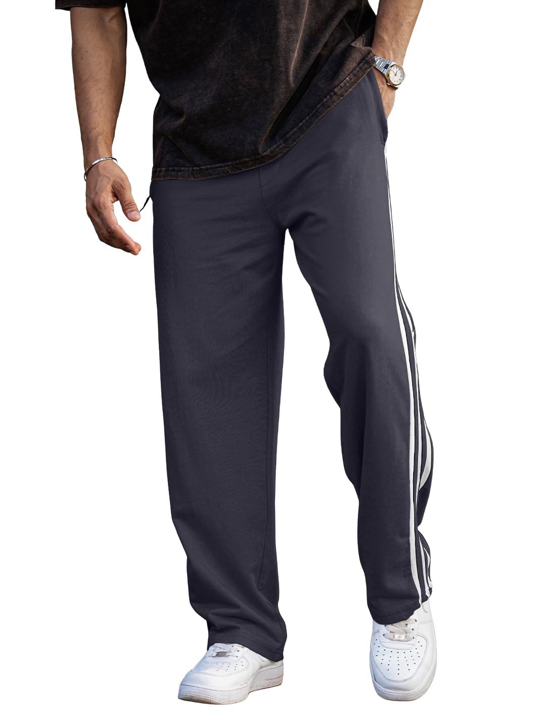 Men's Track Pants with White Side Stripes | 4-Way Lycra Twill Polyester Straight Relaxed Fit Joggers | Mid-Rise Flexi Waist Lounge Bottoms