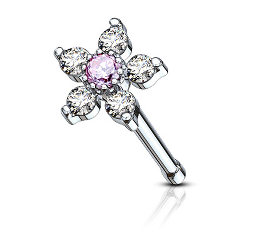 Forbidden Body Jewelry Nose Rings Surgical Steel 20G Nose Stud with Big Bling Two-Tone 6-CZ Flower Top