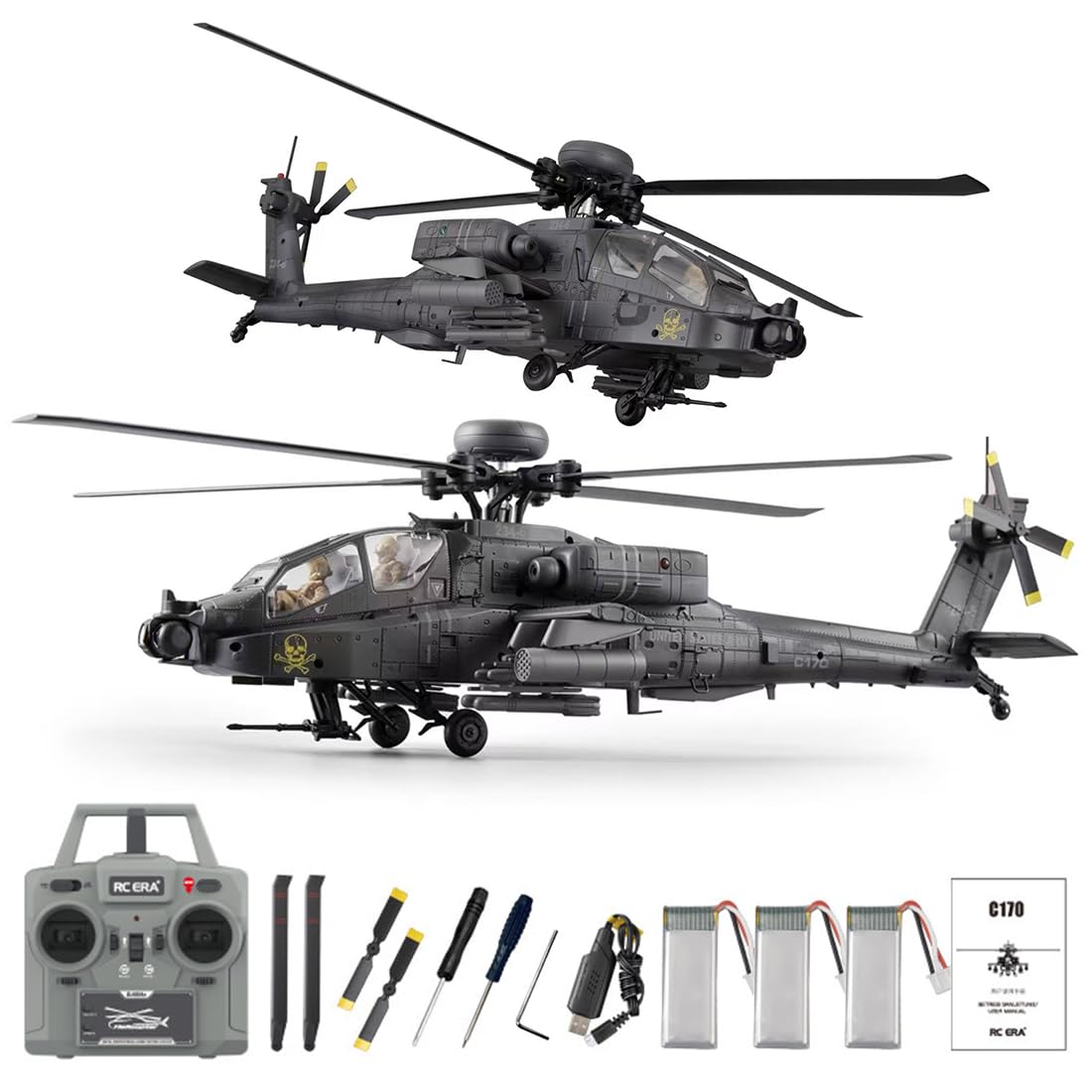 RC ERA C170 AH-64D Apache RC Hubschrauber 1/48 2.4GHz 6CH Flybarless Modell mit Optical Flow TOF Höhenhaltung Brushless Motor(Dunkelgrau/3 Batterien)