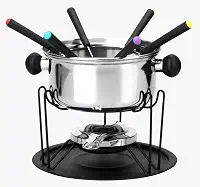 Kit Fondue 11 Peças, Panela em Inox 22cm com Base Giratória, 6 Garfos Coloridos, Suporte e Queimador