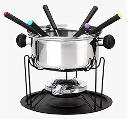 Kit Fondue 11 Peças, Panela em Inox 22cm com Base Giratória, 6 Garfos Coloridos, Suporte e Queimador
