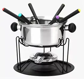 Kit Fondue 11 Peças, Panela em Inox 22cm com Base Giratória, 6 Garfos Coloridos, Suporte e Queimador