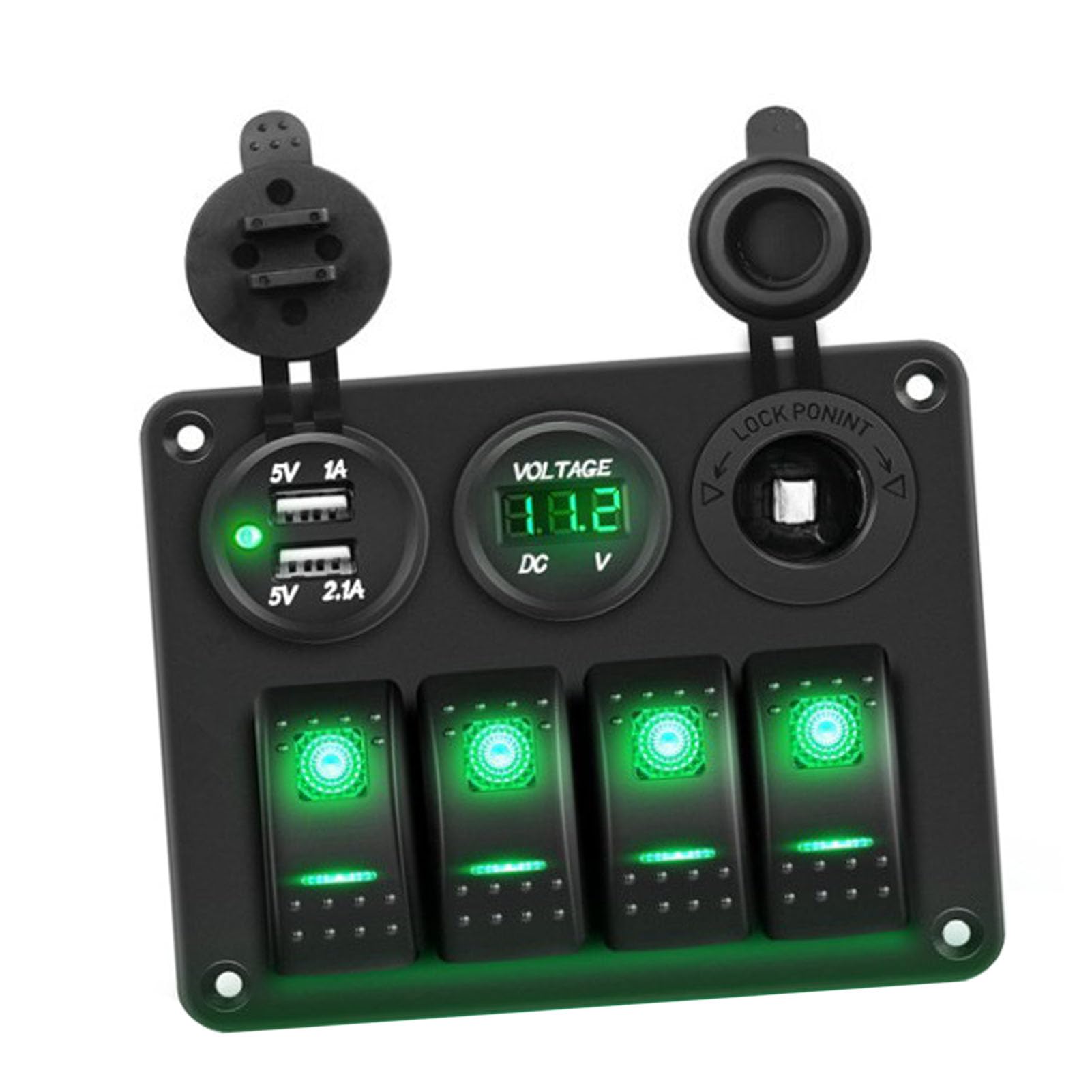 LED 4 Gang Boat Switch Pannello 12 V Voltmetro più Leggero 2 Voltmetro 2 Caricatore USB per Camions RVS Yacht (luce verde)