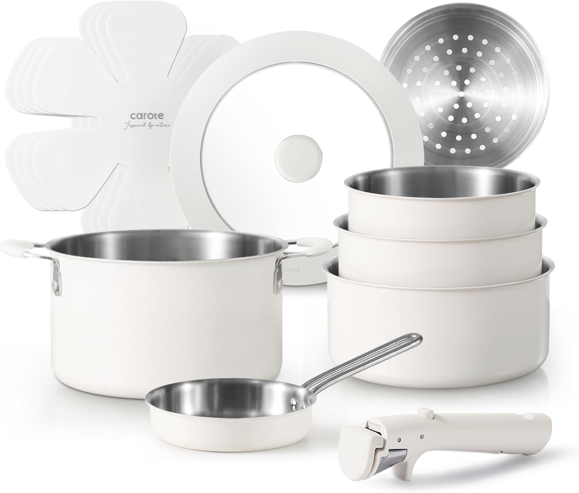 CAROTE12pcs Pots and Pans Set, Stainless Steel Cookware Set Detachable Handle, Induction Kitchen Cookware Sets with Removable Handle, RV Cookware Set, Oven Safe, Cream WhiteRecycled Claim Standard Blended