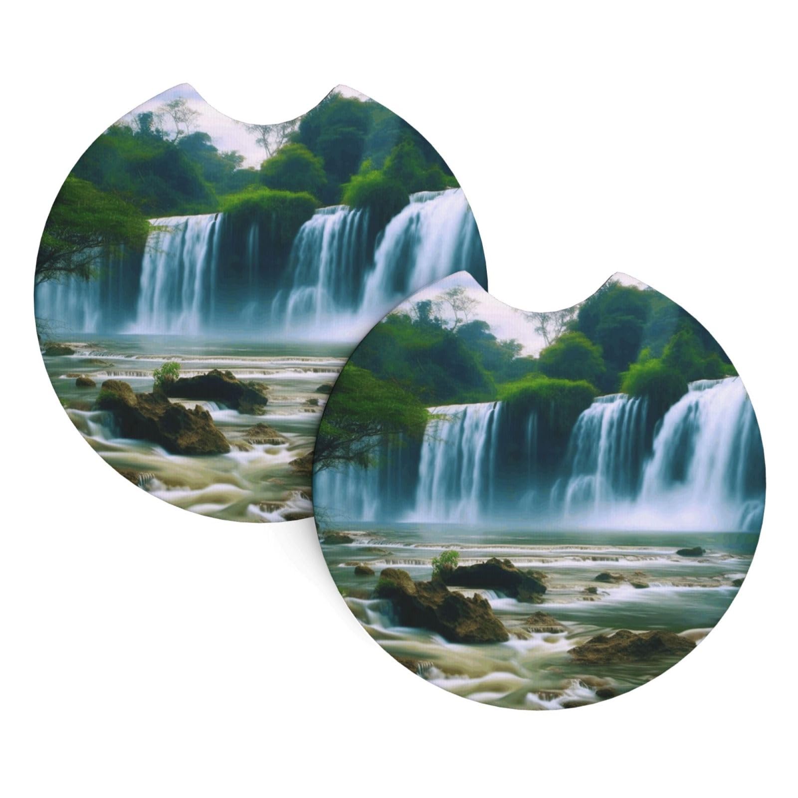 2PCS Car Coaster for Cup Holders Universal Auto Cup Mat Waterfall Scenery Cup Coaster Pad 2.7" Waterproof Neoprene Non-Slip Cup Holder Coasters Car Interior Accessories for Women Men