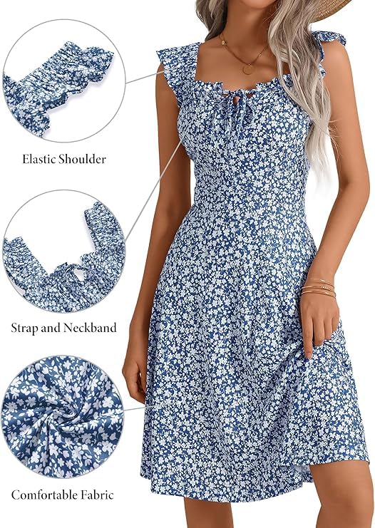 Image of HUHOT Summer Sun Dresses for Women 2025 Adjustable Square Neck Sleeveless Midi Floral Graduation Beach Casaul Sundresses