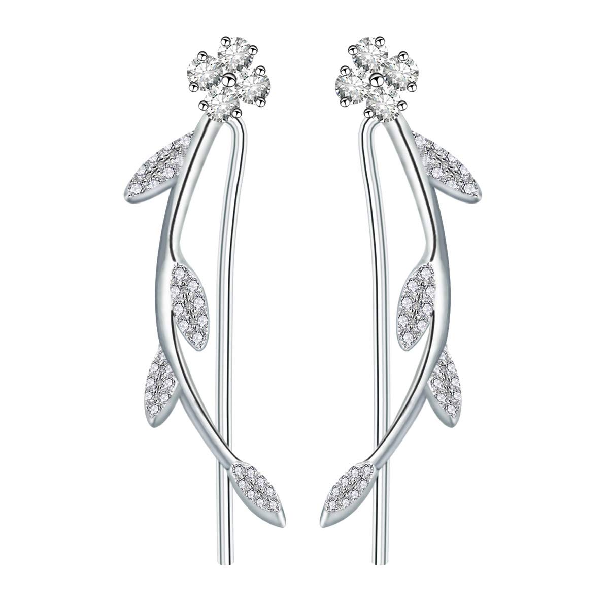ELEDUCTMONS925 Sterling Silver Ear Climber Studs Olive Leaf with Cubic Zirconia Earrings Hypoallergenic Olive Branch Leaf with CZ Simulated Diamond Ear Cuff Earrings Delicate Jewelry Gifts for Women Girls Teen
