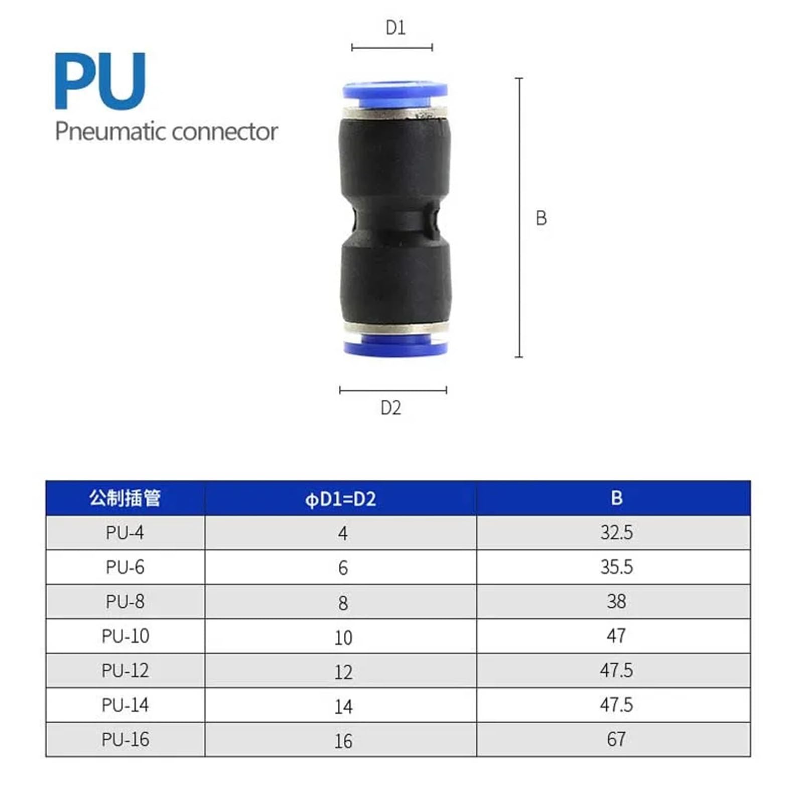 Conector de Tubo de Conector neumático, Manguera de Agua de liberación de Tubo, Conectores de PU de plástico de 4/6/8/10/12/14mm, 1 Uds.(PU-10PCS,10mm)