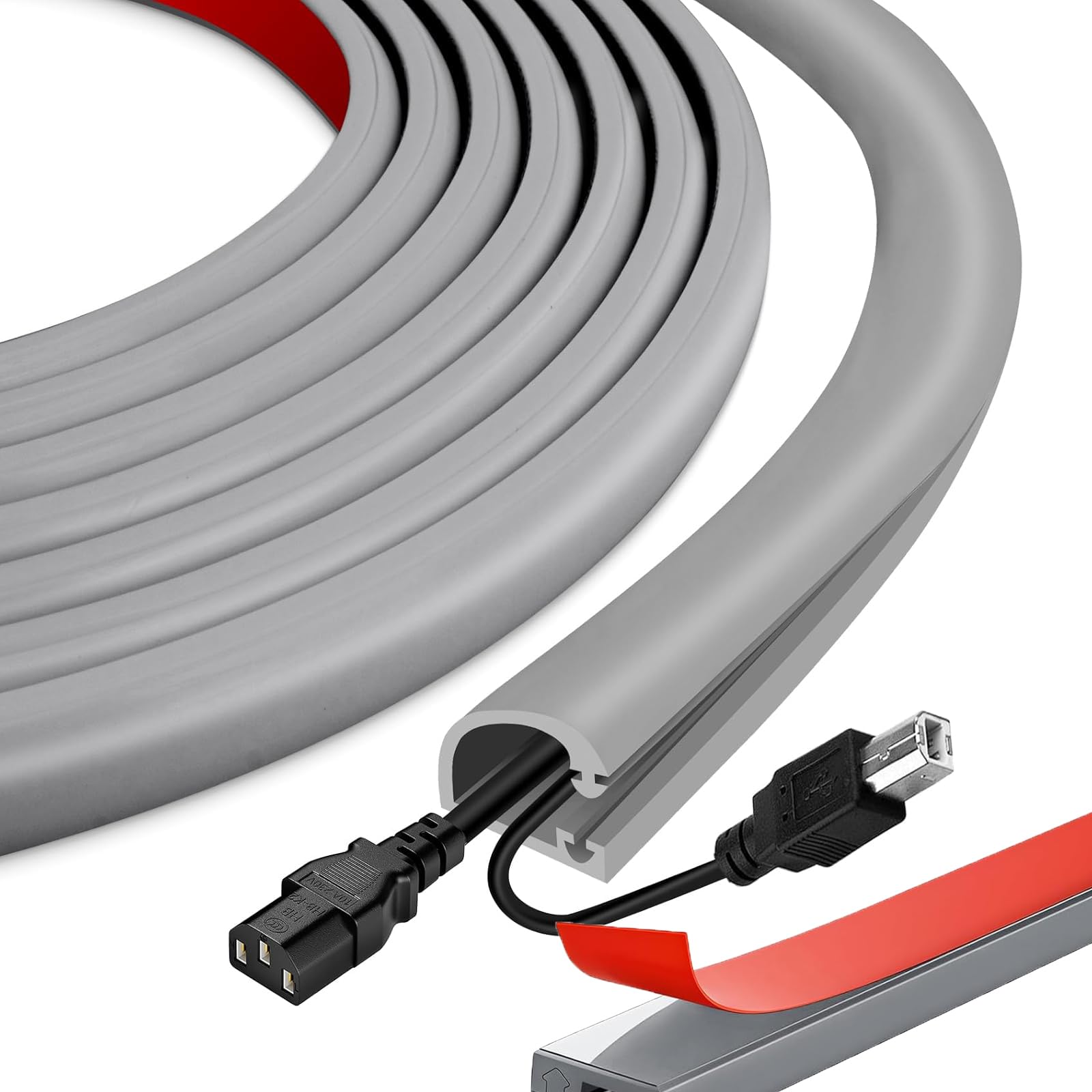 3m Grey Cable Trunking - 25x15mm Flexible PVC Cable Conduit for 2-3 Cords, Self-Adhesive Wire Hider for Wall & Floor, Side Opening D-shape Wire Covers TV Cable Raceway