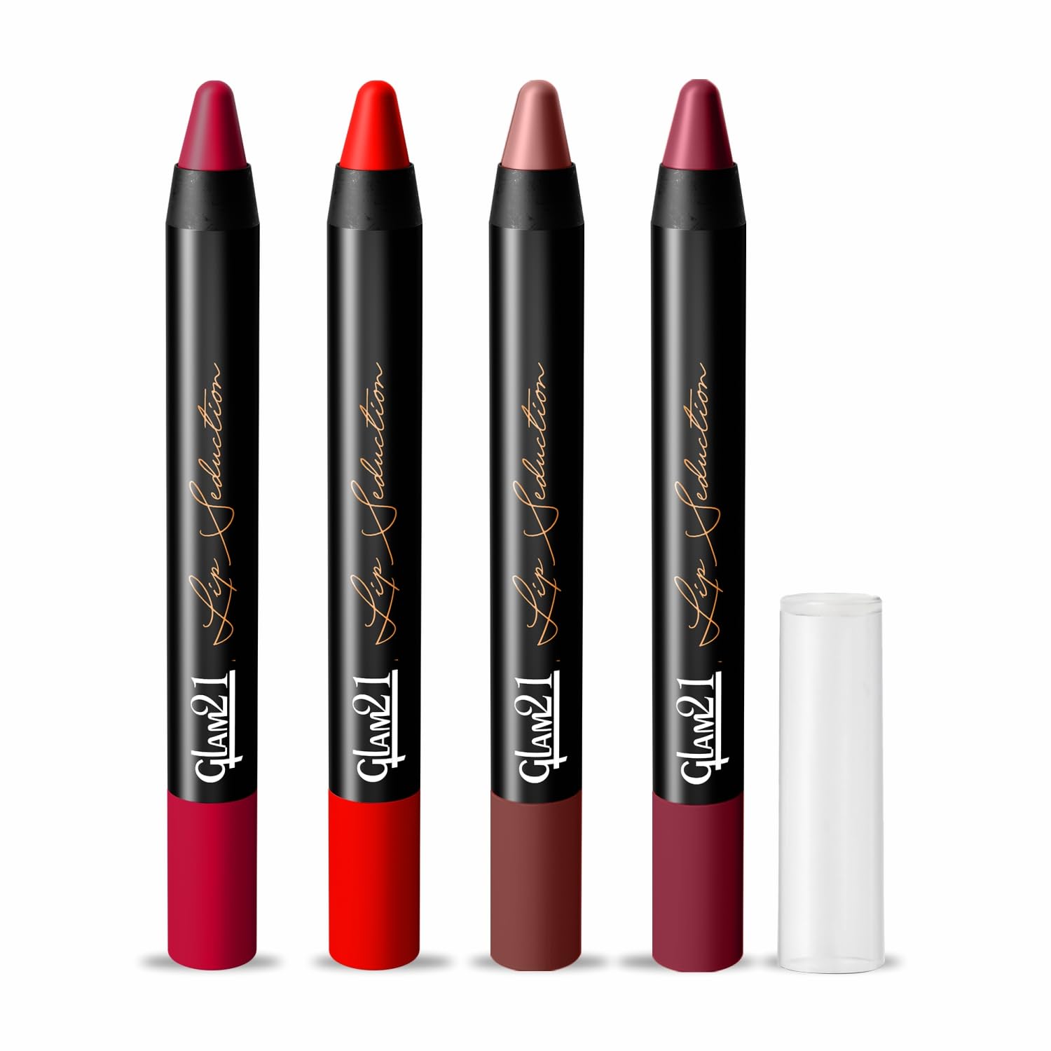 Glam21 Lip Seduction Crayon Lipstick | Non-Transfer, Smudge Proof | Up to 12H Long Lasting | Creamy Matte Finish | Lightweight Formula | 3.5gm Each | Shade-First Kiss, Joy Ride, Dark Violet & Lusty Red-image-46
