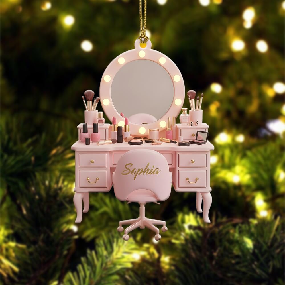 Personalized Makeup Vanity Ornaments - Custom Beauty Salon Ornament Christmas Tree Decor - Cosmetic Hanging Xmas Decorations Gifts for Makeup Artists & Beauty Lovers