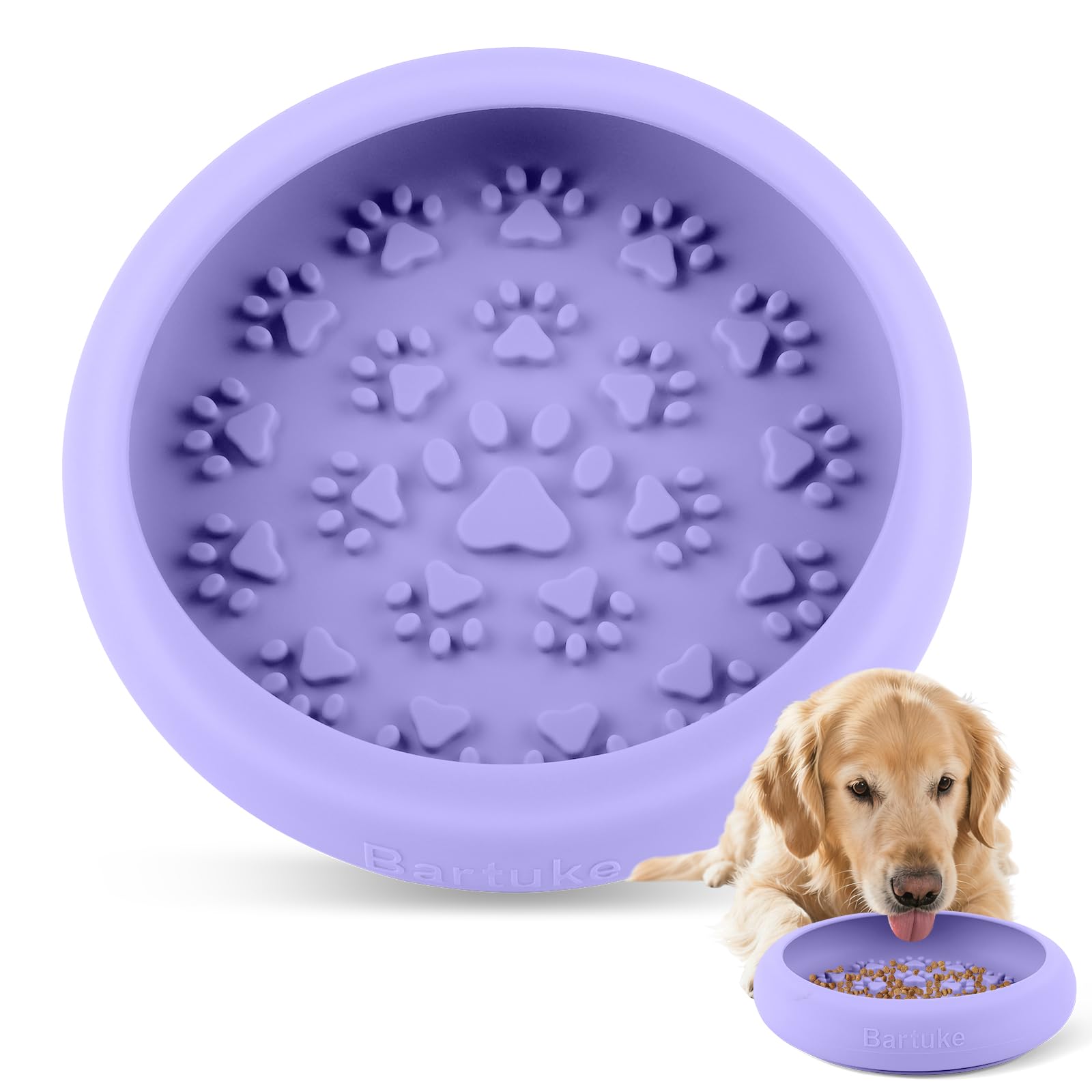 Grande ciotola per cibo in silicone, 21 x 21 x 5 cm, per cani con supporto a ventosa antiscivolo per mangiare lento e allenarsi, impedisce l'ingestione, facile da pulire (viola)