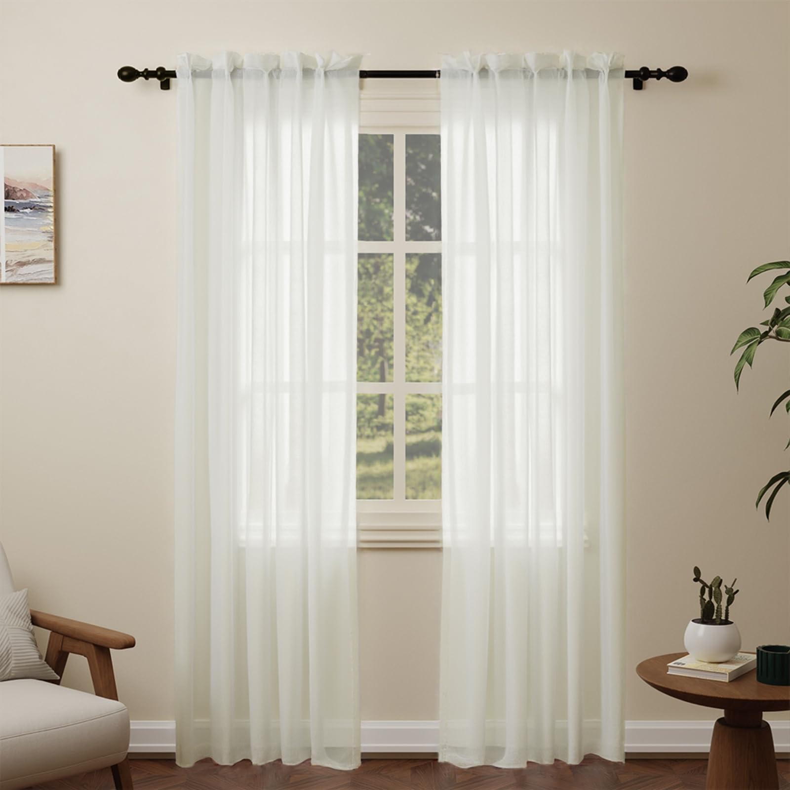Pacok Beige Voile Curtains, 84 Drop 2 Panels Net Curtain for Windows, Rod Pocket Sheer Curtain Panel Voile Curtains for Living Room Kitcken Bedroom W56xL84 Inch(Beige, 142 x 213cm)