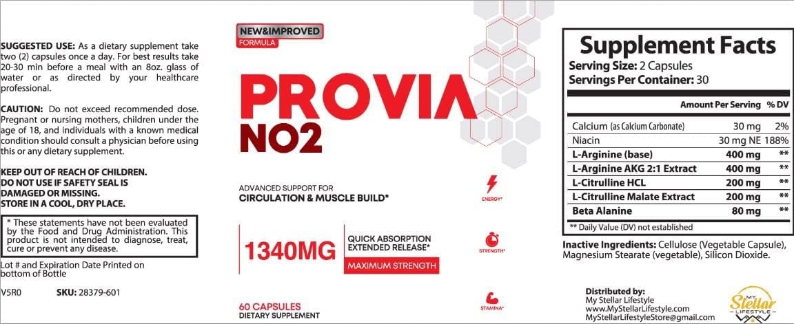 Provia No2 Boost Nitric Oxide Booster 1340mg - 60 Capsules : Health & Household