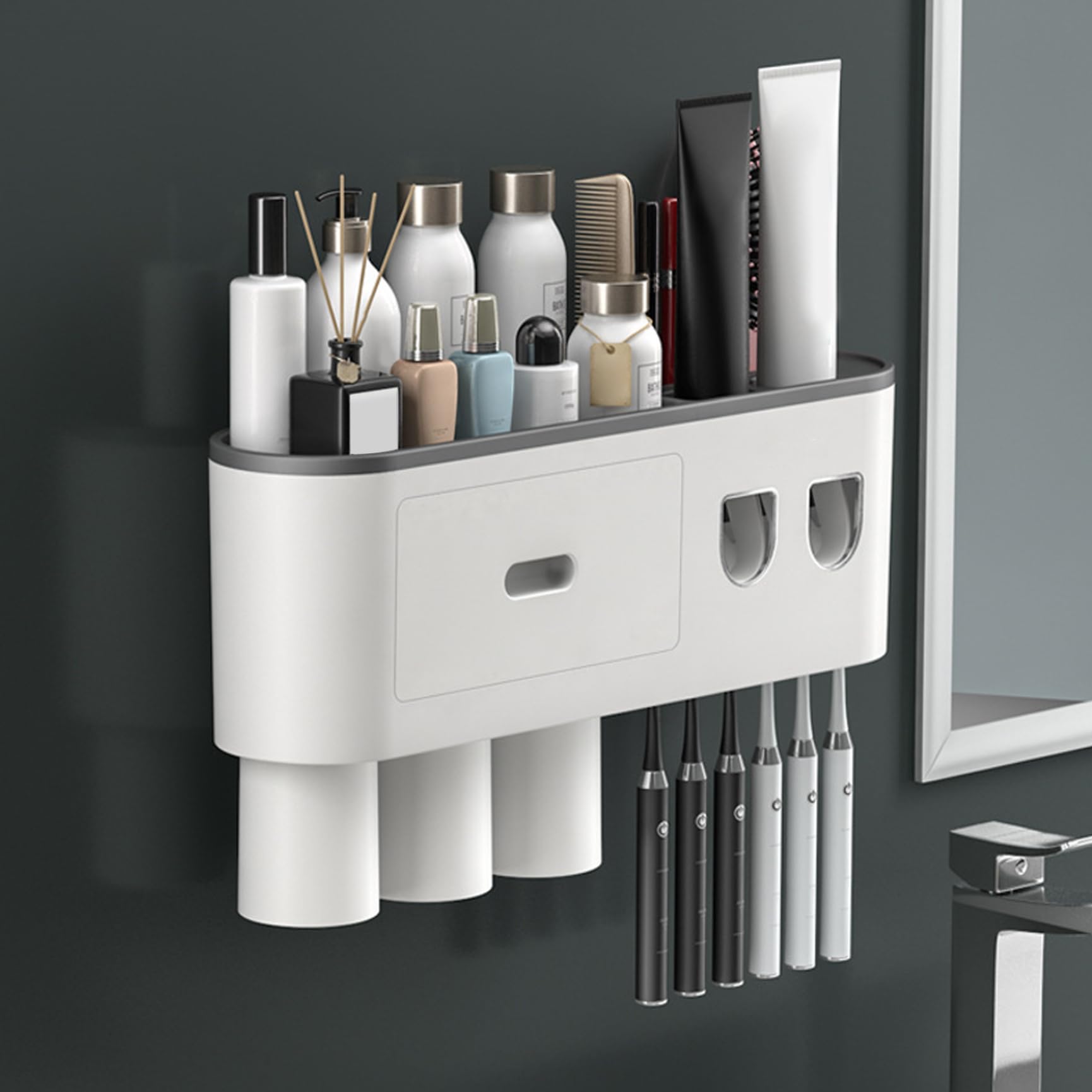 Soporte de pared para cepillo de dientes, dispensador automático de pasta de dientes con 3 tazas magnéticas, 6 ranuras para cepillo, bandeja de almacenamiento y cajón para baño